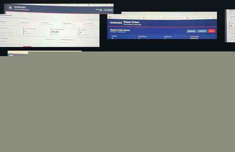 Real Garavex product screens showing dashboard, repair orders, estimates, invoices and shop management