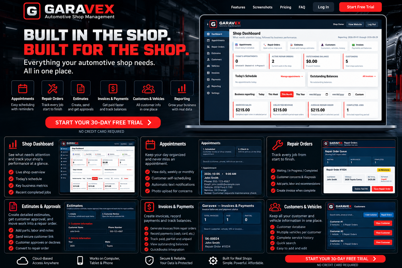 Garavex automotive shop management software showcase with dashboard, appointments, repair orders, estimates, invoices and reporting